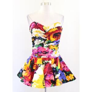 Vtg 80s Raul Blanco Strapless Ruffle Peplum Flared Top Blouse sz 12 Retro Party